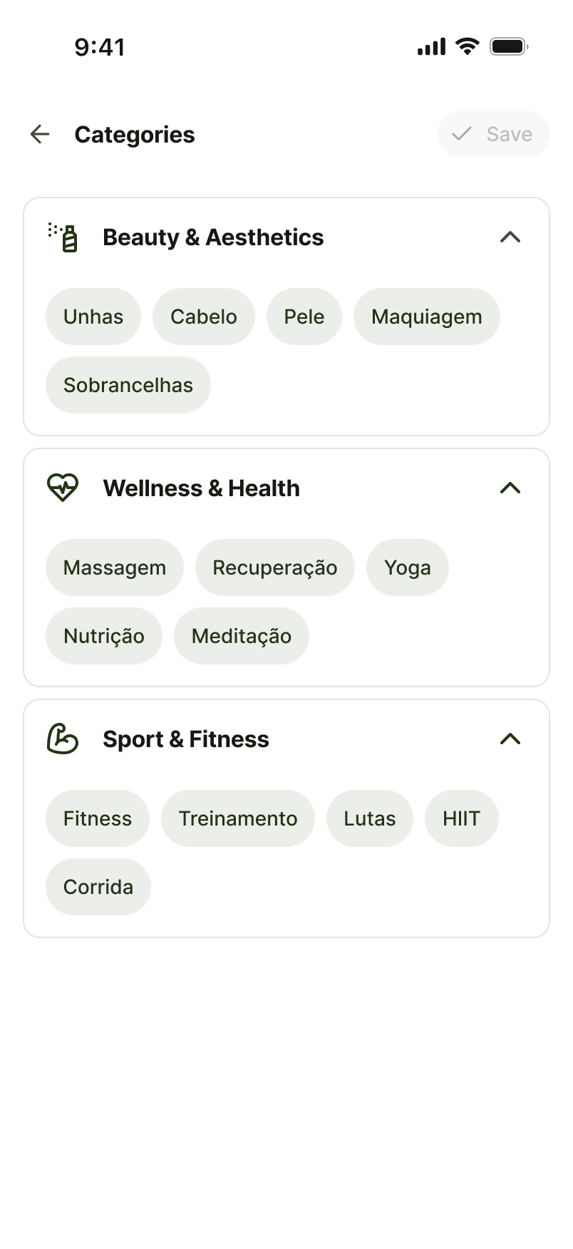 Tela de categorias do app Stadami